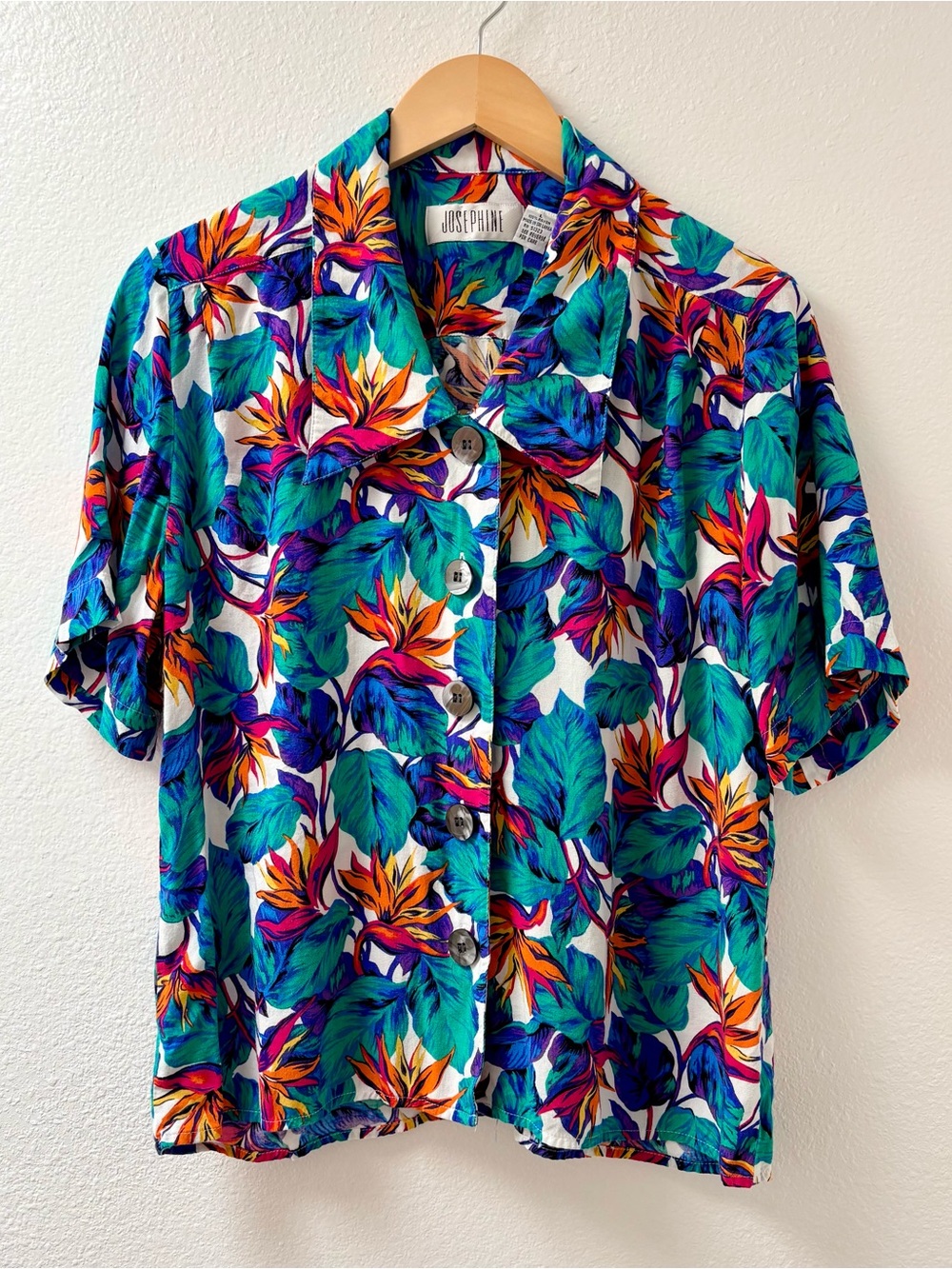 Vintage Bright Colorful Tropical Floral Button-Up Shirt